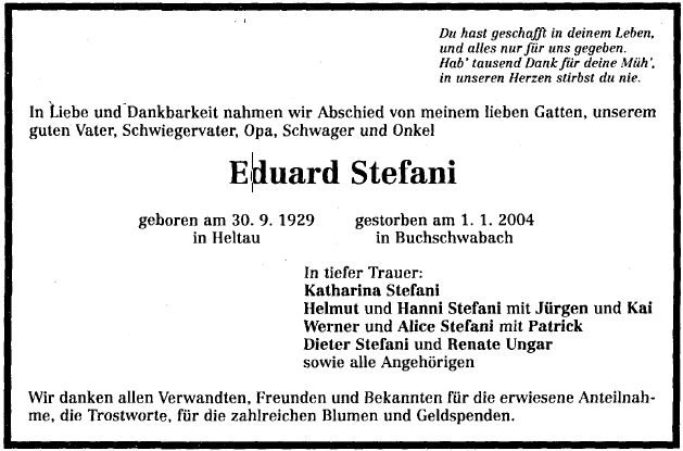 Stefani Eduard 1929-2004 Todesanzeige